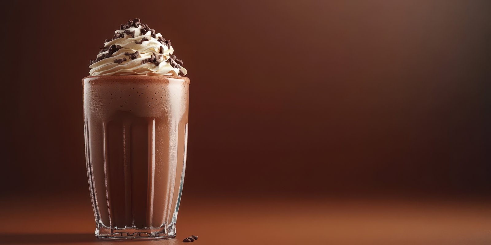Creamy chocolate drink topped with whipped cream and chocolate shavings served in a clear glass